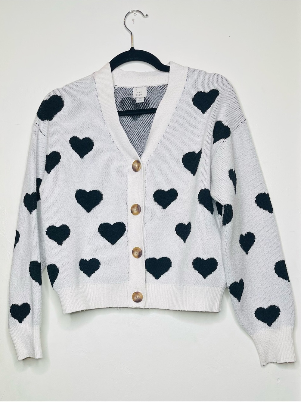 A New Day Black White Heart Button Cardigan Sweater XS